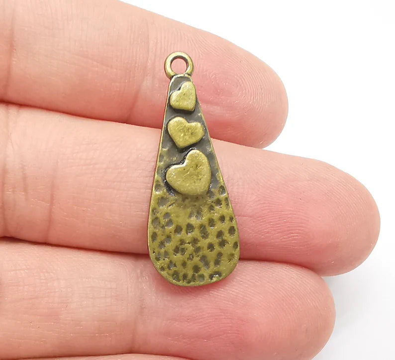 2 Heart Charms Hammered Teardrop Pendant Antique Bronze Plated (33x13mm) G29198