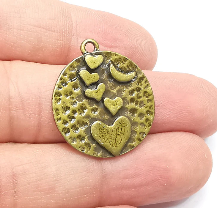 Heart Crescent Charms, Moon Charms, Hammered Disc Pendant, Antique Bronze Plated (29x27mm) G29205