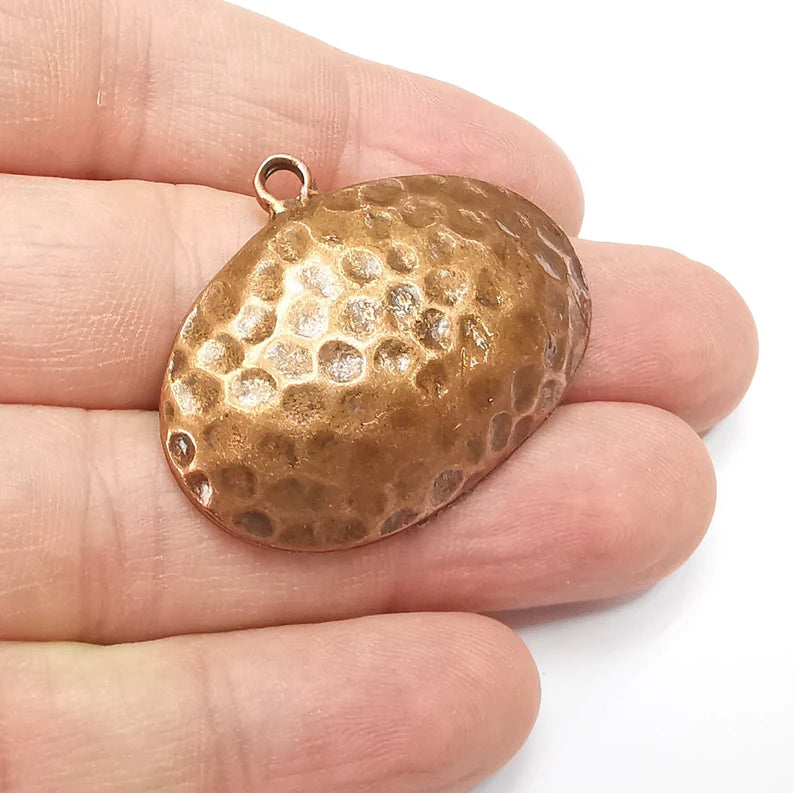 Hammered Oval Domed Charms Antique Copper Plated Teardrop Charms (40x31mm) G29213