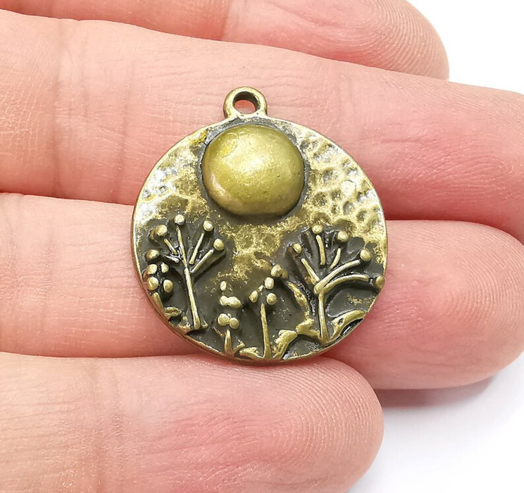 Garden Flowers Charms Hammered Disc Pendant Antique Bronze Plated (28x25mm) G29235