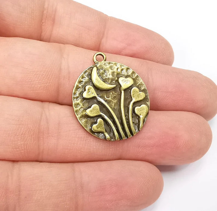 Heart Charms Crescent Moon Charms Hammered Disc Pendant Antique Bronze Plated (29x25mm) G29240