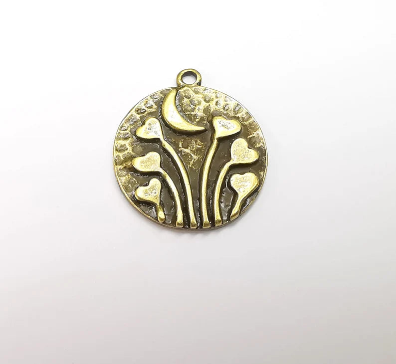 Heart Charms Crescent Moon Charms Hammered Disc Pendant Antique Bronze Plated (29x25mm) G29240