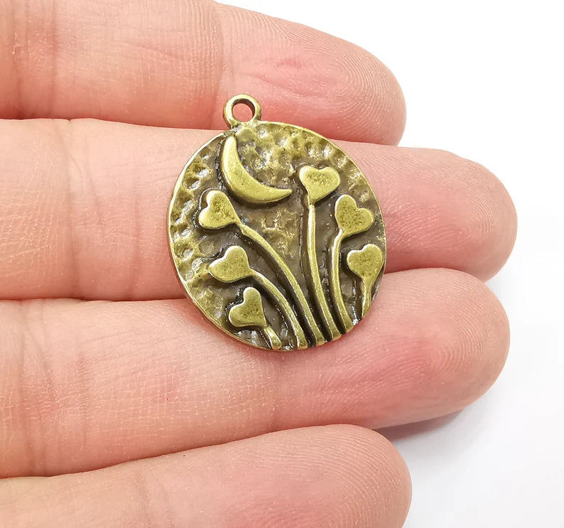 Heart Charms Crescent Moon Charms Hammered Disc Pendant Antique Bronze Plated (29x25mm) G29240