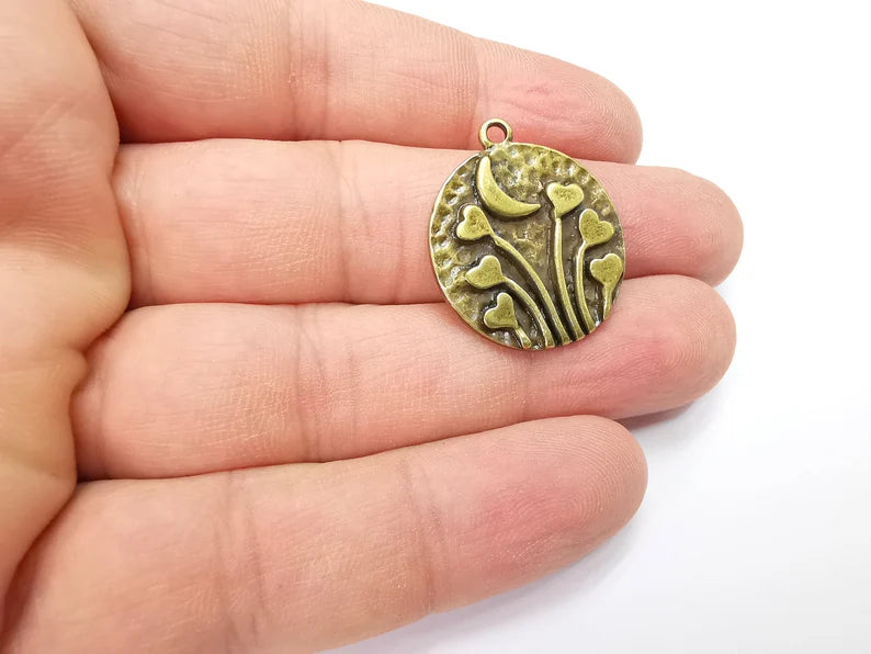 Heart Charms Crescent Moon Charms Hammered Disc Pendant Antique Bronze Plated (29x25mm) G29240