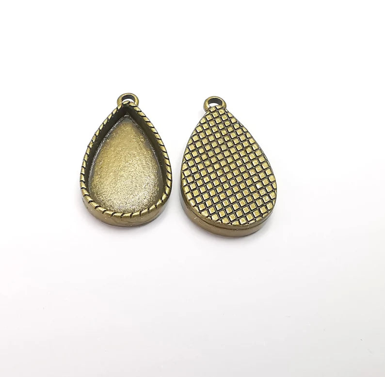 2 Teardrop Charm Bezel, Resin Blank, Mosaic Pendant Frame, Cabochon Base,Dry Flower Setting, Antique Bronze Plated (23x14mm) G29241