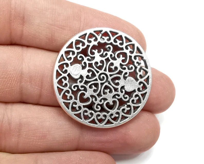 Round Filigree Dangle Charms, Antique Silver Plated Findings (34mm) G29042