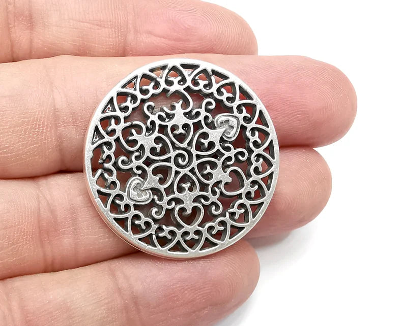 Round Filigree Dangle Charms, Antique Silver Plated Findings (34mm) G29042