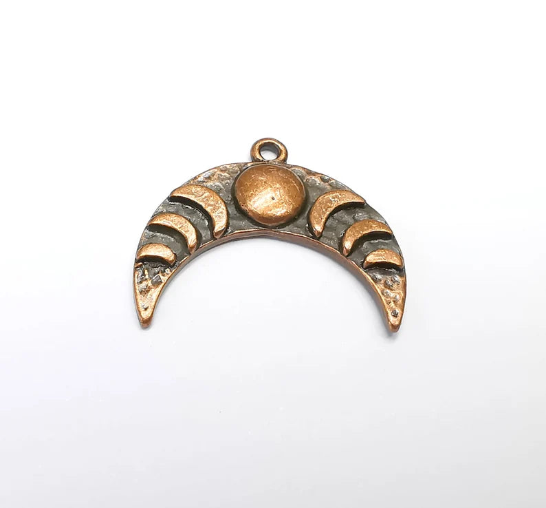 Crescent Moon Charms, The Phases of The Moon, Antique Copper Plated Round Charms (29x24mm) G29262