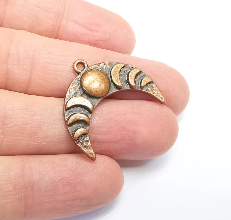 Crescent Moon Charms, The Phases of The Moon, Antique Copper Plated Round Charms (29x24mm) G29262