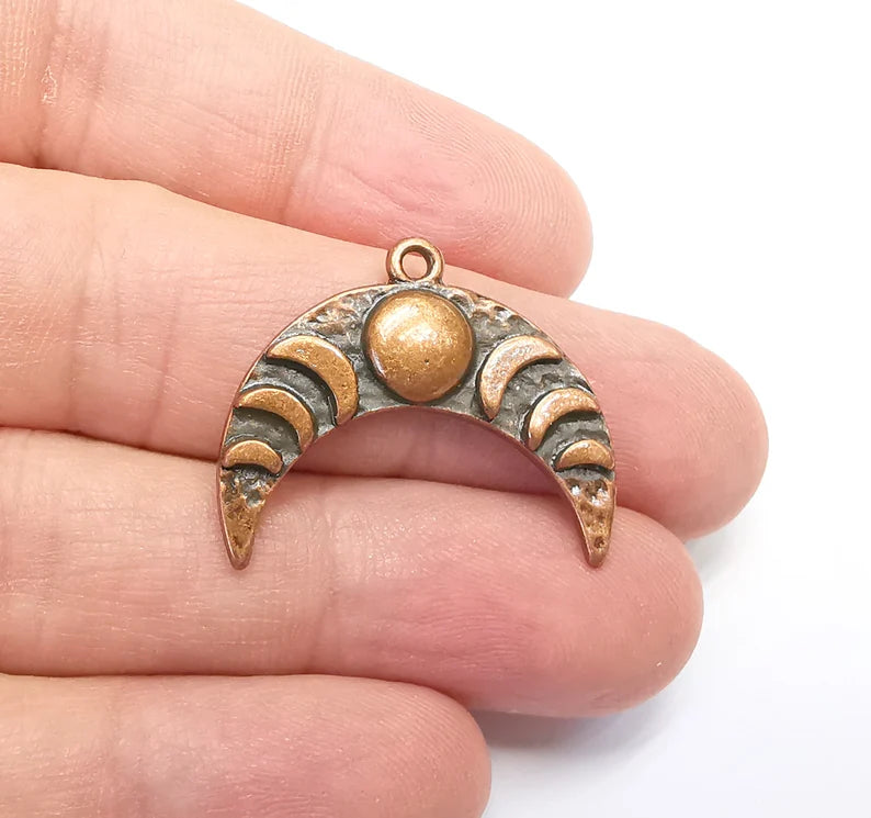 Crescent Moon Charms, The Phases of The Moon, Antique Copper Plated Round Charms (29x24mm) G29262