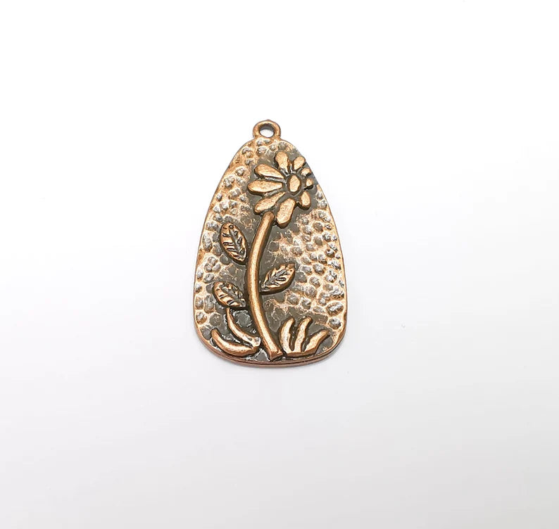 Flower Charms Antique Copper Plated Hammered Plant Charms (41x22mm) G29263