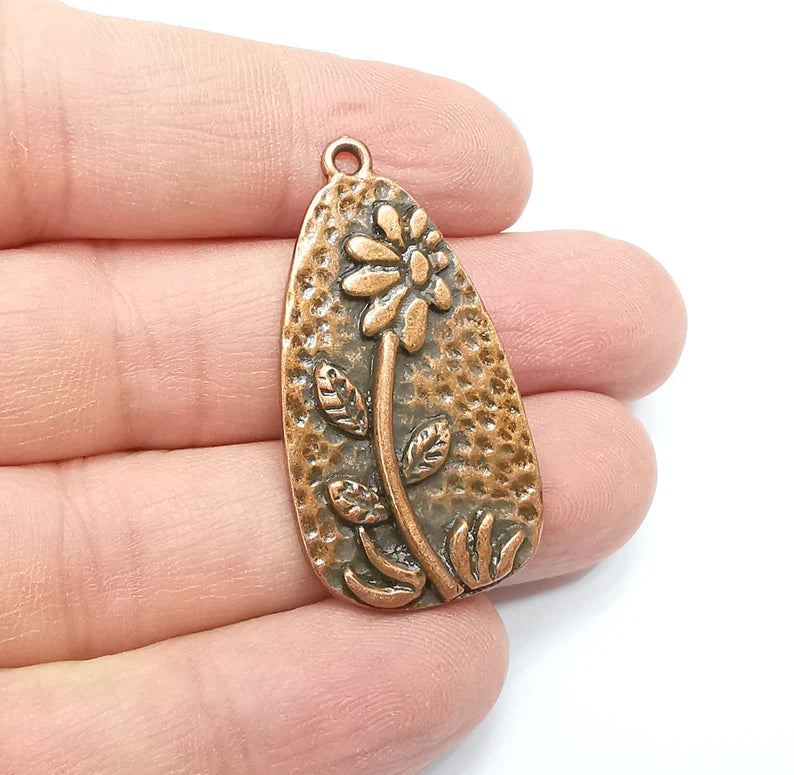 Flower Charms Antique Copper Plated Hammered Plant Charms (41x22mm) G29263