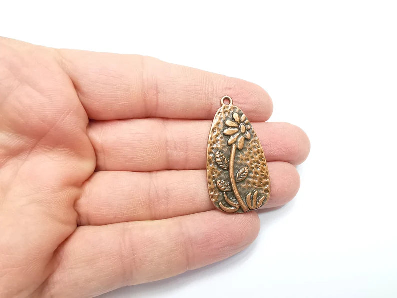Flower Charms Antique Copper Plated Hammered Plant Charms (41x22mm) G29263