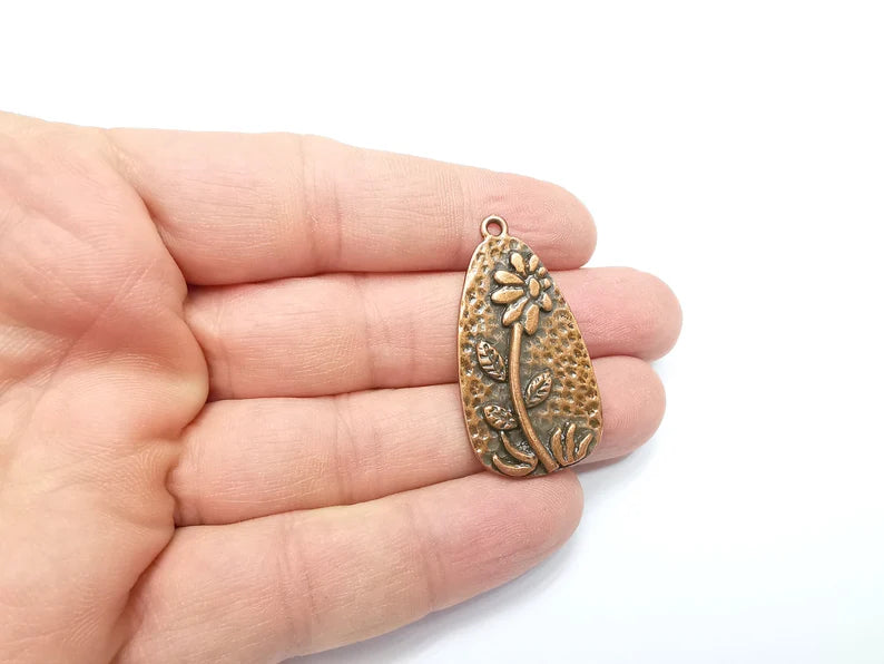 Flower Charms Antique Copper Plated Hammered Plant Charms (41x22mm) G29263
