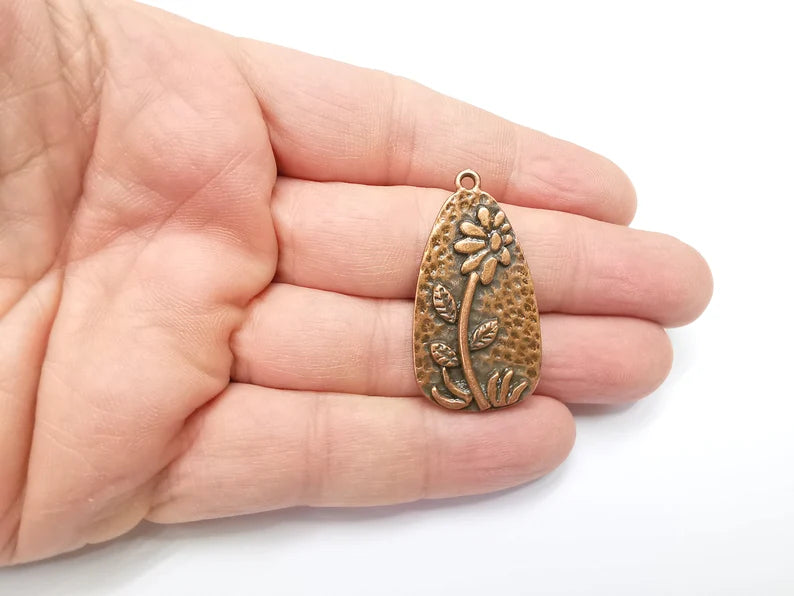 Flower Charms Antique Copper Plated Hammered Plant Charms (41x22mm) G29263