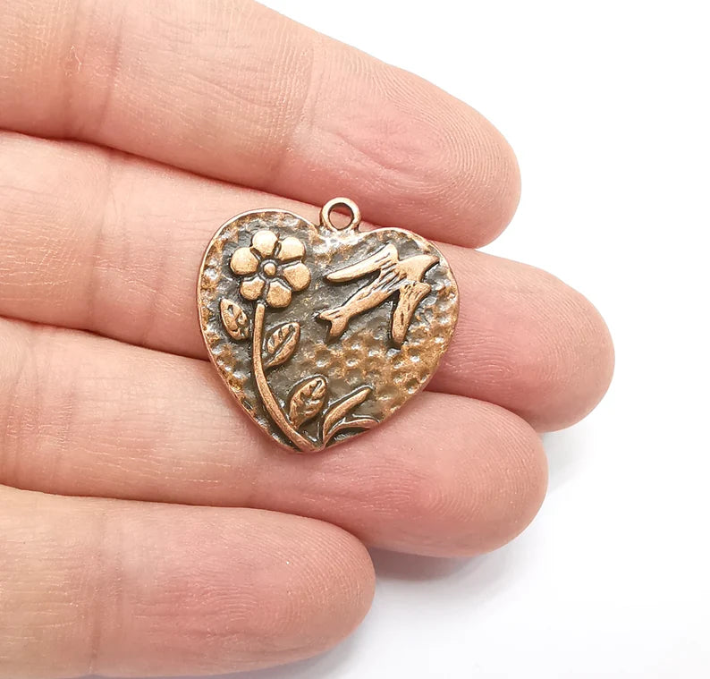 Flower Bird Heart Charms Antique Copper Plated Charms (27mm) G29269
