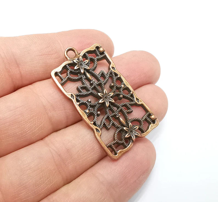 Rectangle Filigree Flower Dangle Charms, Antique Copper Plated Charms (44x25mm) G29273