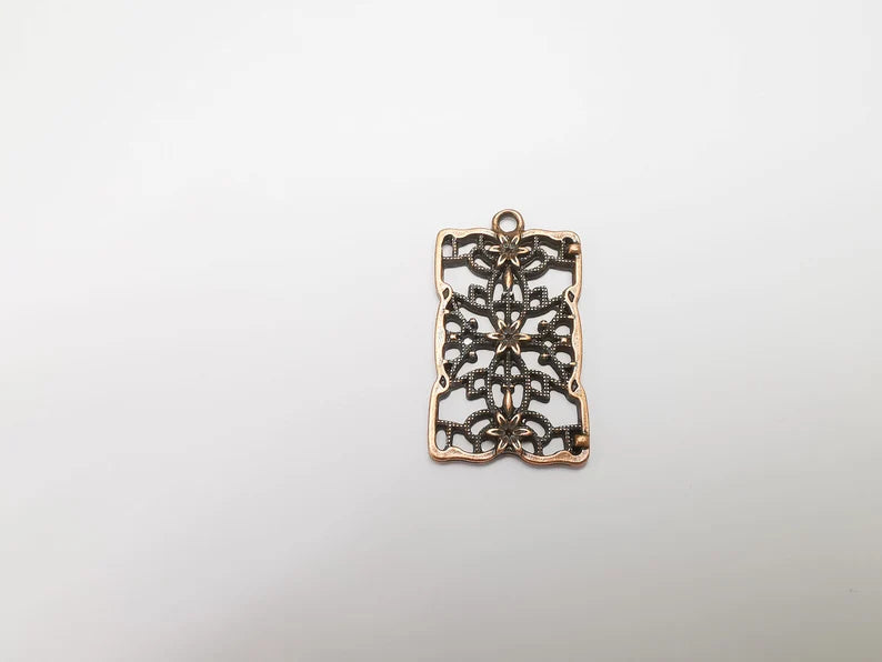 Rectangle Filigree Flower Dangle Charms, Antique Copper Plated Charms (44x25mm) G29273