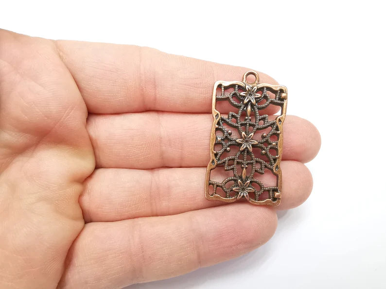 Rectangle Filigree Flower Dangle Charms, Antique Copper Plated Charms (44x25mm) G29273