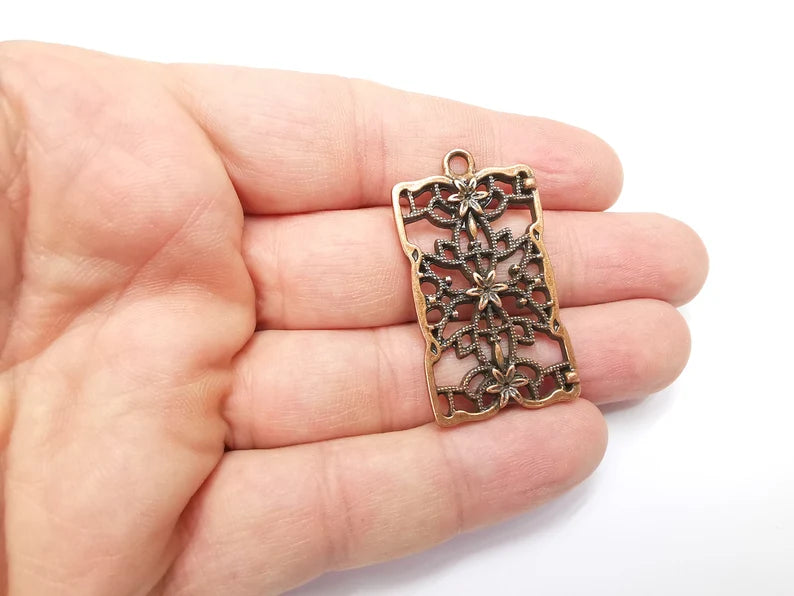 Rectangle Filigree Flower Dangle Charms, Antique Copper Plated Charms (44x25mm) G29273