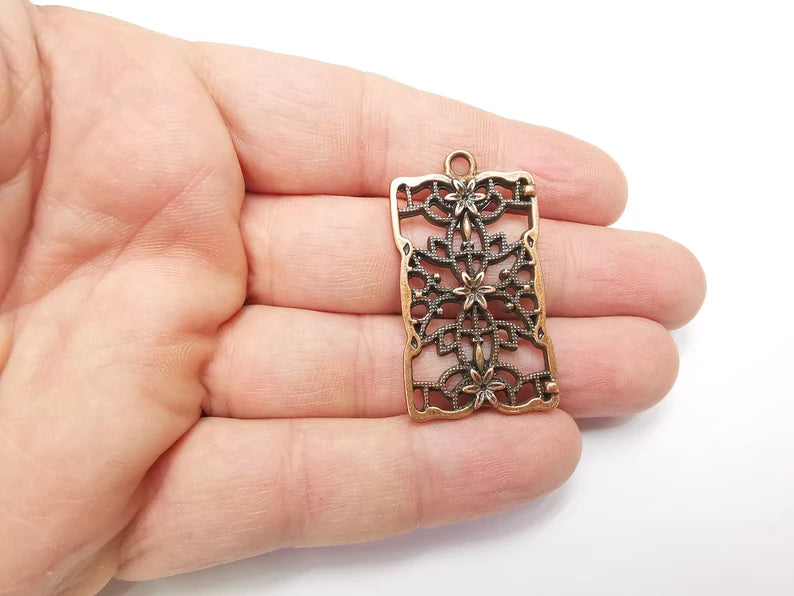 Rectangle Filigree Flower Dangle Charms, Antique Copper Plated Charms (44x25mm) G29273