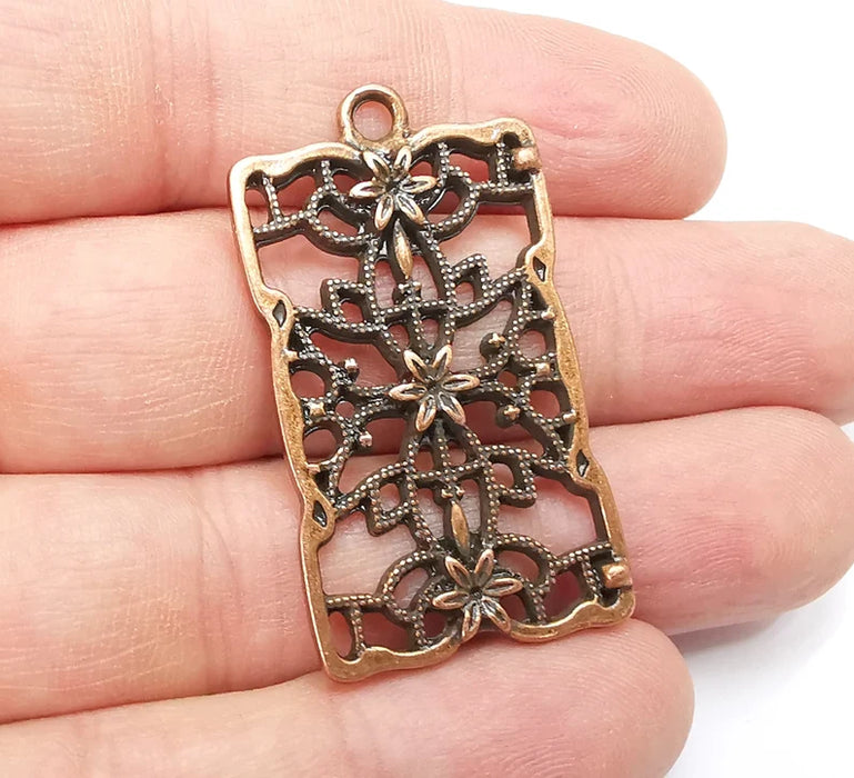 Rectangle Filigree Flower Dangle Charms, Antique Copper Plated Charms (44x25mm) G29273