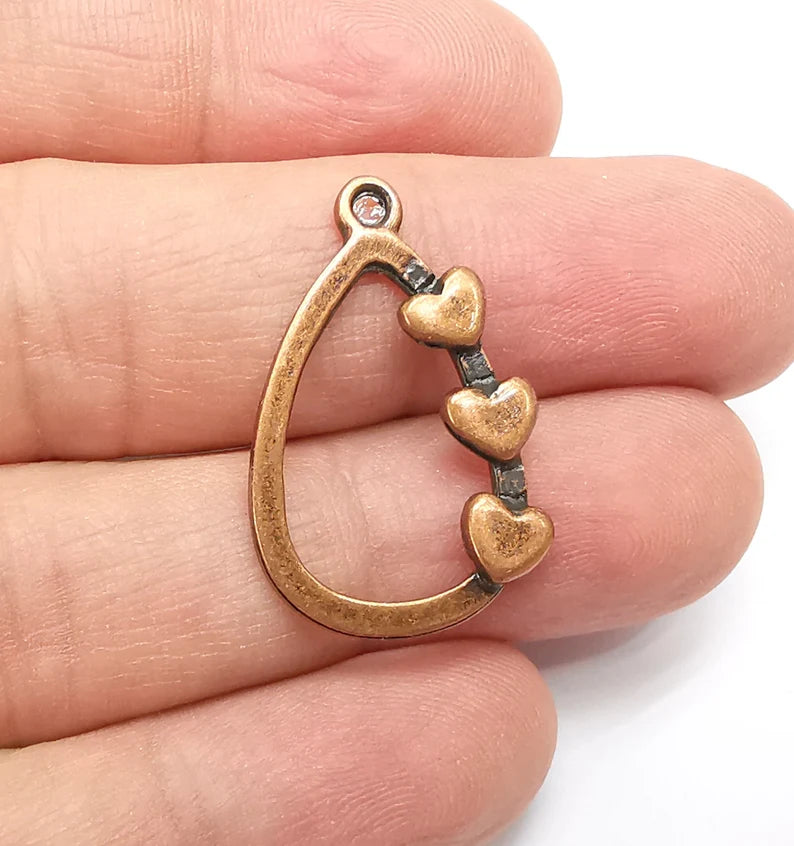 2 Hearts Charm Teardrop Heart Charms Antique Copper Plated Hammered Charms (30x19mm) G29286