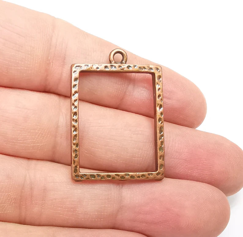 2 Rectangle Charm Antique Copper Plated Hammered Geometric Charms (35x24mm) G29288
