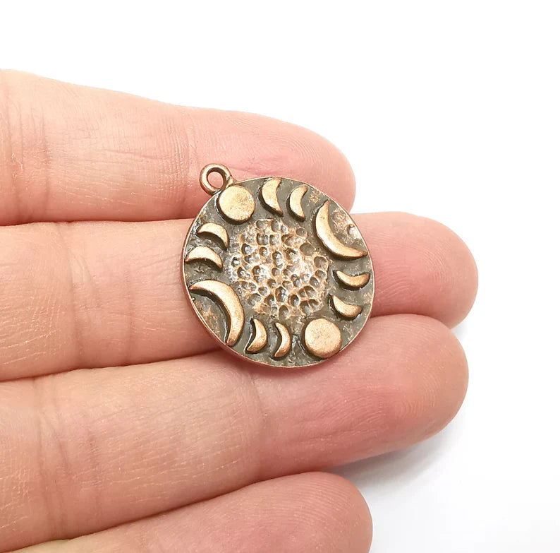 Crescent Moon Charms The Phases of The Moon, Round Hammered Ethnic Antique Copper Plated (28x24mm) G29290