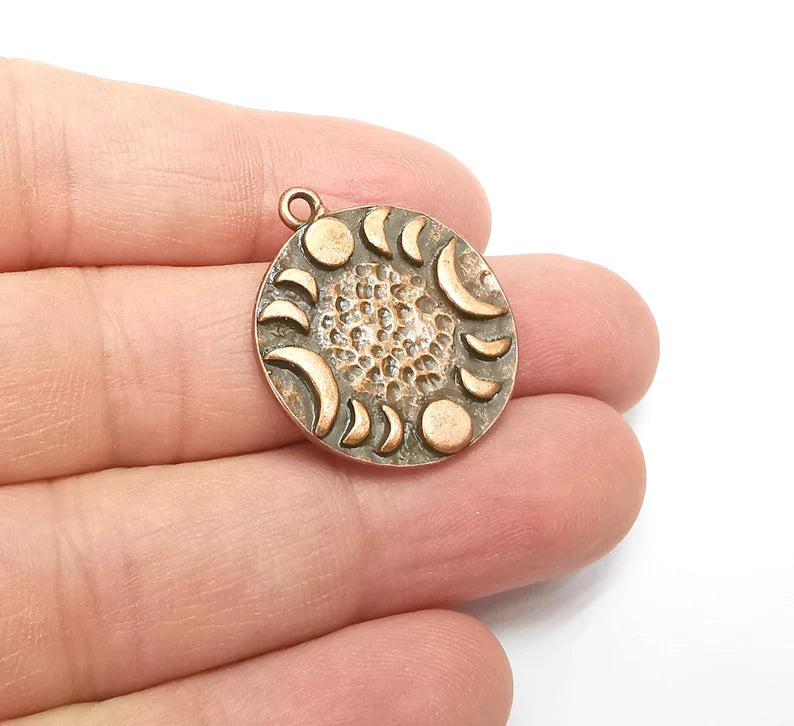 Crescent Moon Charms The Phases of The Moon, Round Hammered Ethnic Antique Copper Plated (28x24mm) G29290