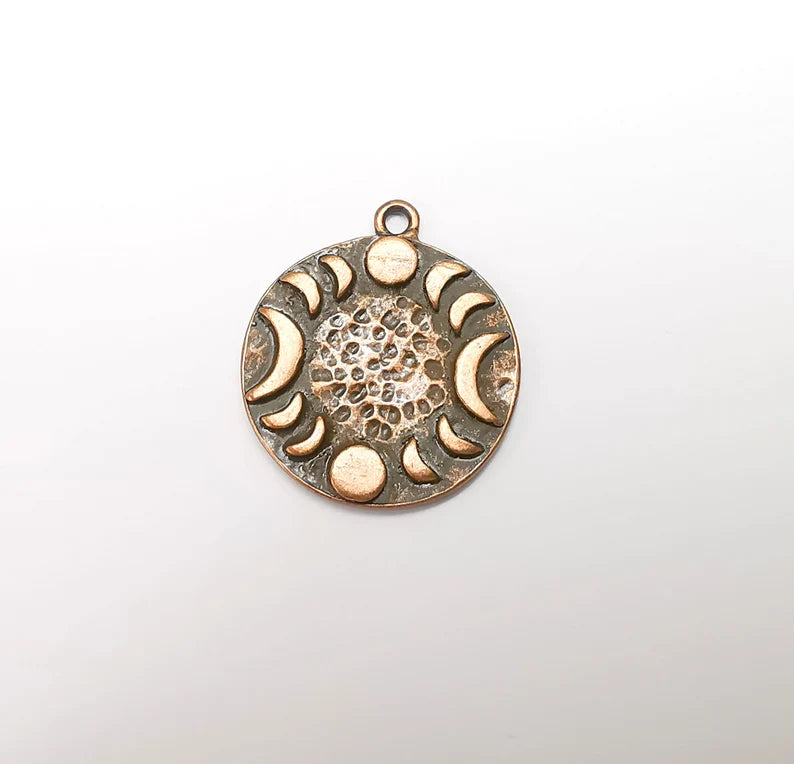 Crescent Moon Charms The Phases of The Moon, Round Hammered Ethnic Antique Copper Plated (28x24mm) G29290