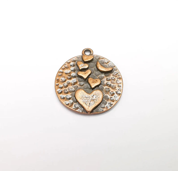 Heart Crescent Charms, Moon Charms, Hammered Disc Pendant, Antique Copper Plated (29x27mm) G29294