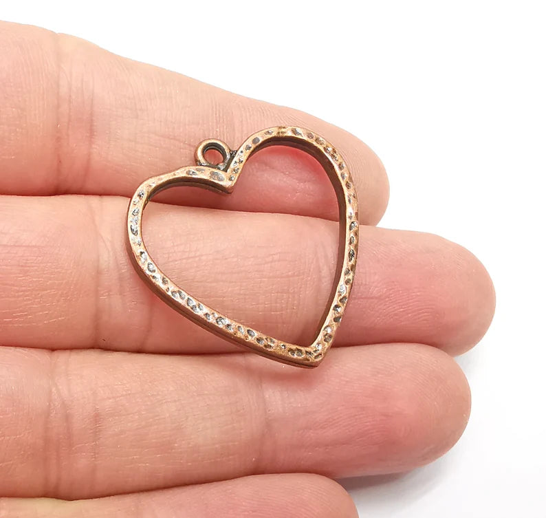 2 Heart Charms Antique Copper Plated Hammered Earring Components (32x31mm) G29298