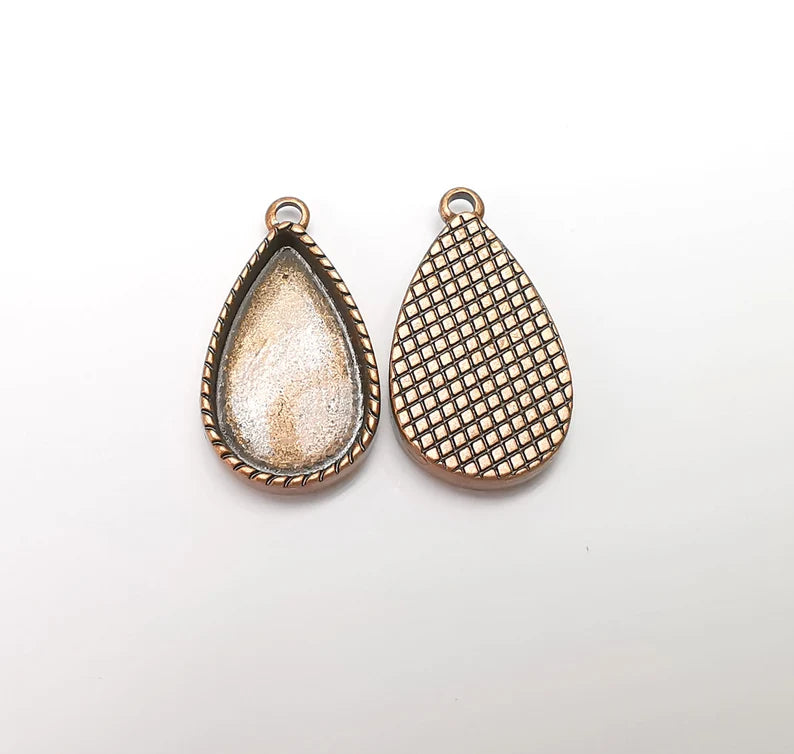 2 Teardrop Charm Bezel, Resin Blank, Mosaic Pendant Frame, Cabochon Base,Dry Flower Setting, Antique Copper Plated (23x14mm) G29299