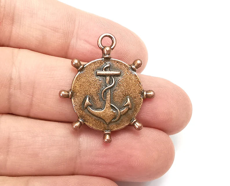 Anchor, Ship Wheel Round Charms, Antique Copper Plated Charms (32x28mm) G29060