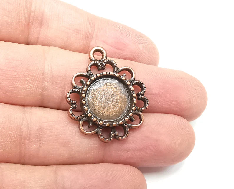 2 Flower Pendant Bezel, Resin Blank, inlay Mountings, Mosaic Frame, Cabochon Bases, Dry Flower Settings, Antique Copper Plated (14mm) G29062