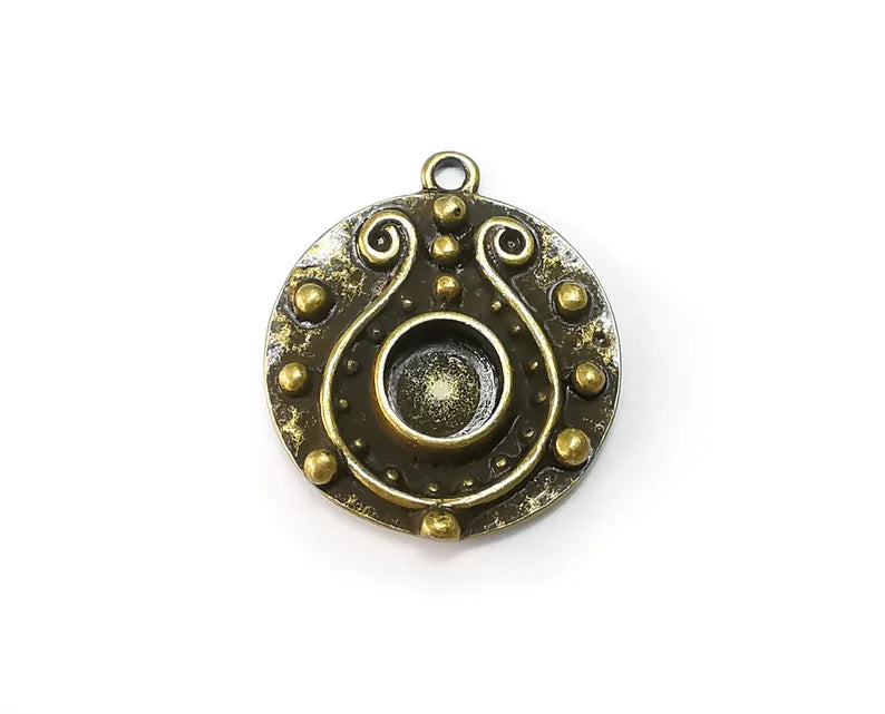 Unique Pendant Bezel, Resin Blank, inlay Mounting, Mosaic Frame Cabochon Base Dry Flower Setting, Antique Bronze Plated (8mm) G29063