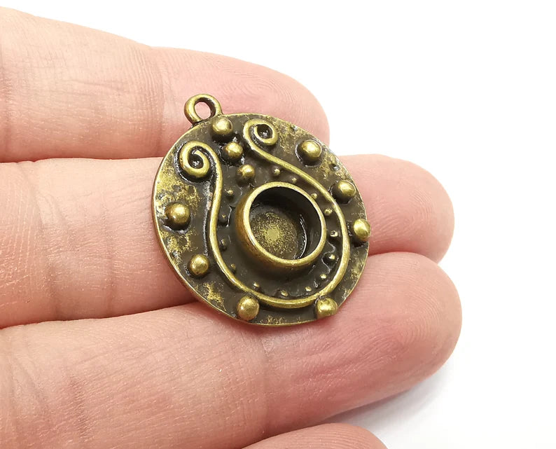 Unique Pendant Bezel, Resin Blank, inlay Mounting, Mosaic Frame Cabochon Base Dry Flower Setting, Antique Bronze Plated (8mm) G29063