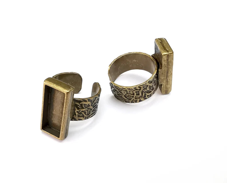 Rectangle Antique Bronze Ring Blank Settings, Cabochon Mounting, Adjustable Resin Ring Base Bezel, Inlay Mosaic Ring Bezel (20x8mm) G29076