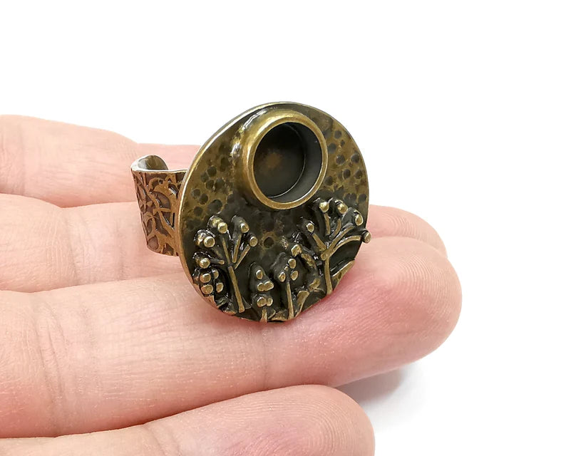 Tree Ring Blanks Settings, Cabochon Mounting, Adjustable Resin Ring Base Bezels, Antique Bronze Plated Brass (8mm) G29077