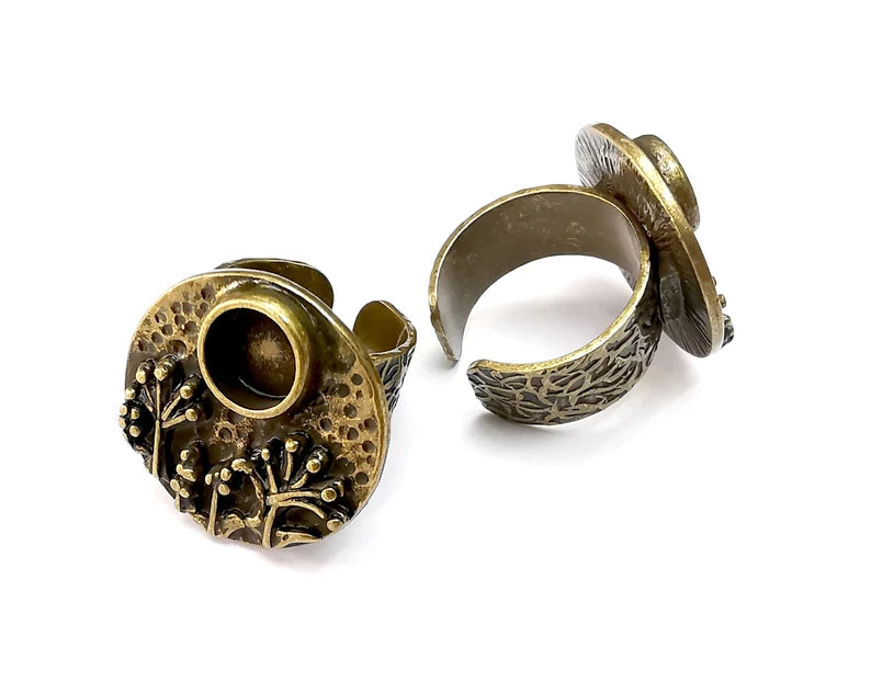 Tree Ring Blanks Settings, Cabochon Mounting, Adjustable Resin Ring Base Bezels, Antique Bronze Plated Brass (8mm) G29077