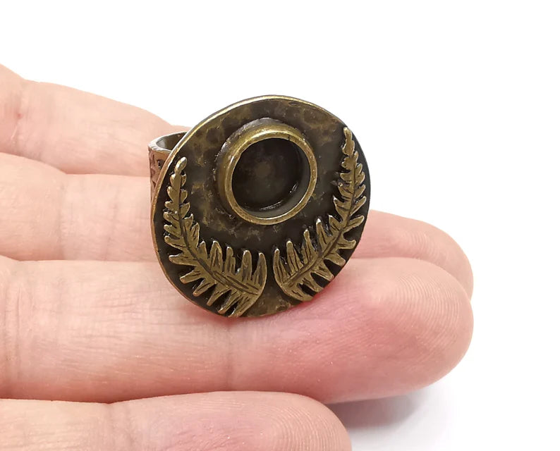 Fern Leaf Ring Blanks Settings, Cabochon Mounting, Adjustable Resin Ring Base Bezels, Antique Bronze Plated Brass (8mm) G29081