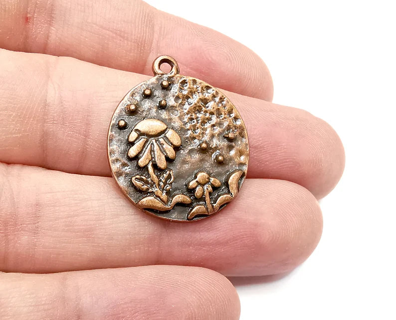 Flower Garden Charms Antique Copper Plated Hammered Charms (24mm) G29079