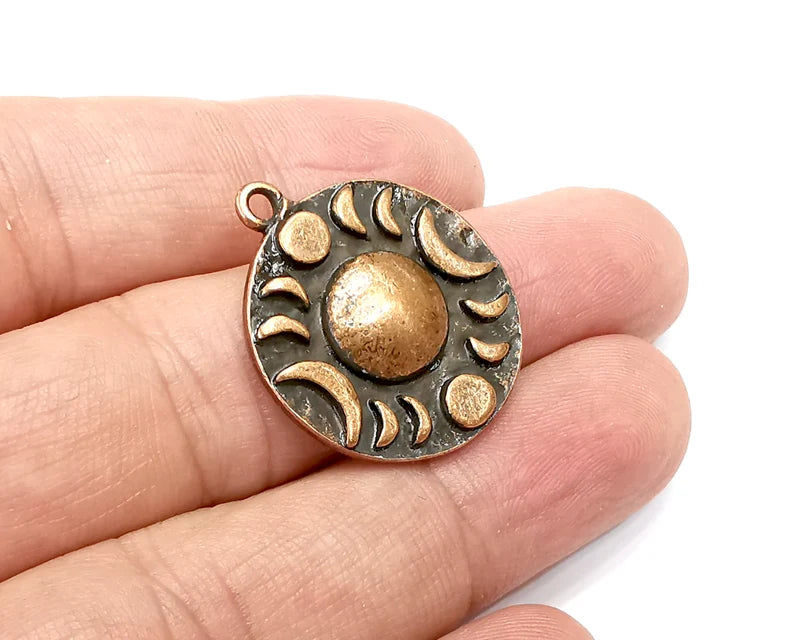 Crescent Moon Charms The Phases of The Moon, Round Hammered Antique Copper Plated (29x25mm) G29083