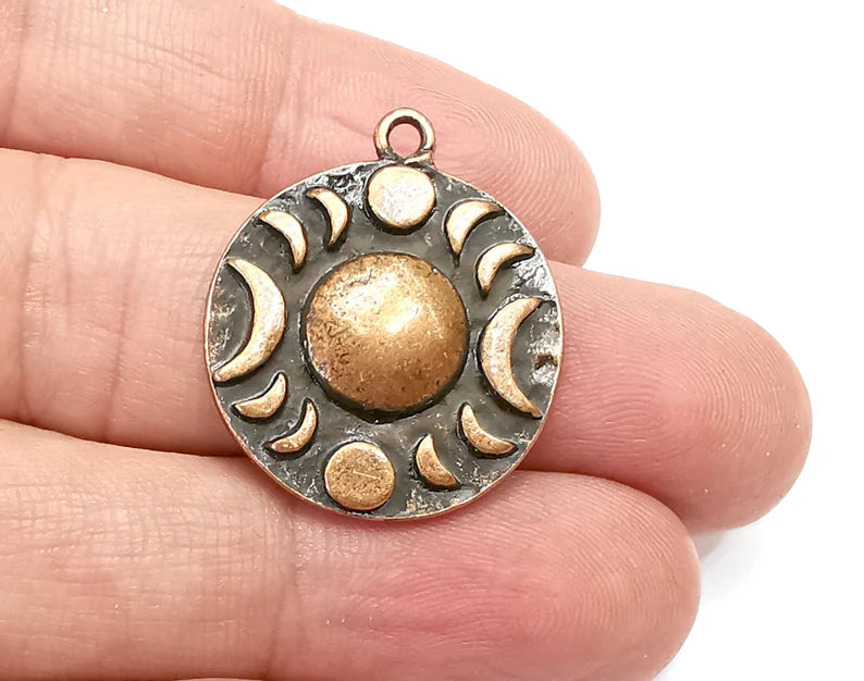 Crescent Moon Charms The Phases of The Moon, Round Hammered Antique Copper Plated (29x25mm) G29083