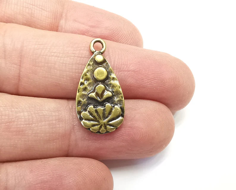 2 Drop Lotus Flower Dangle Charms, Antique Bronze Plated Charms (25x12mm) G29084