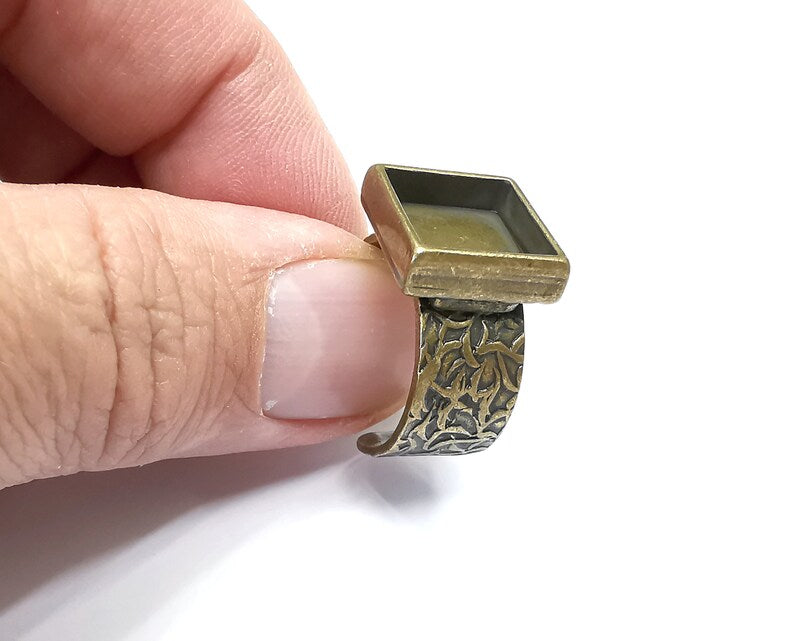 Square Antique Bronze Ring Blank Setting, Cabochon Mounting, Adjustable Resin Ring Base Bezels, Inlay Ring Mosaic Ring Bezel (12mm) G29087