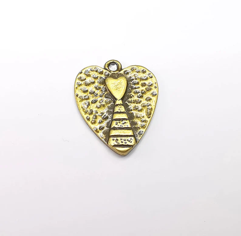 2 The Path to the Heart, Stairway Heart Charm, Antique Bronze Plated Hammered Charms (24x19mm) G29092