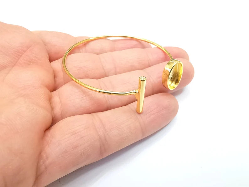 Adjustable Bracelet Bases, Resin Cuff Blank, Cabochon Bezels, Mosaic Mounting, Dry flower Frame, Shiny Gold Plated Brass (14x10mm) G29094