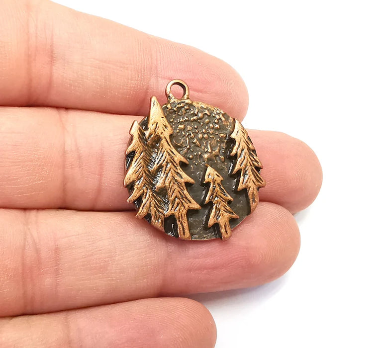 Pine Tree Round Charms Forest Landscape Pendant Antique Copper Plated Charms (31x28mm) G29100